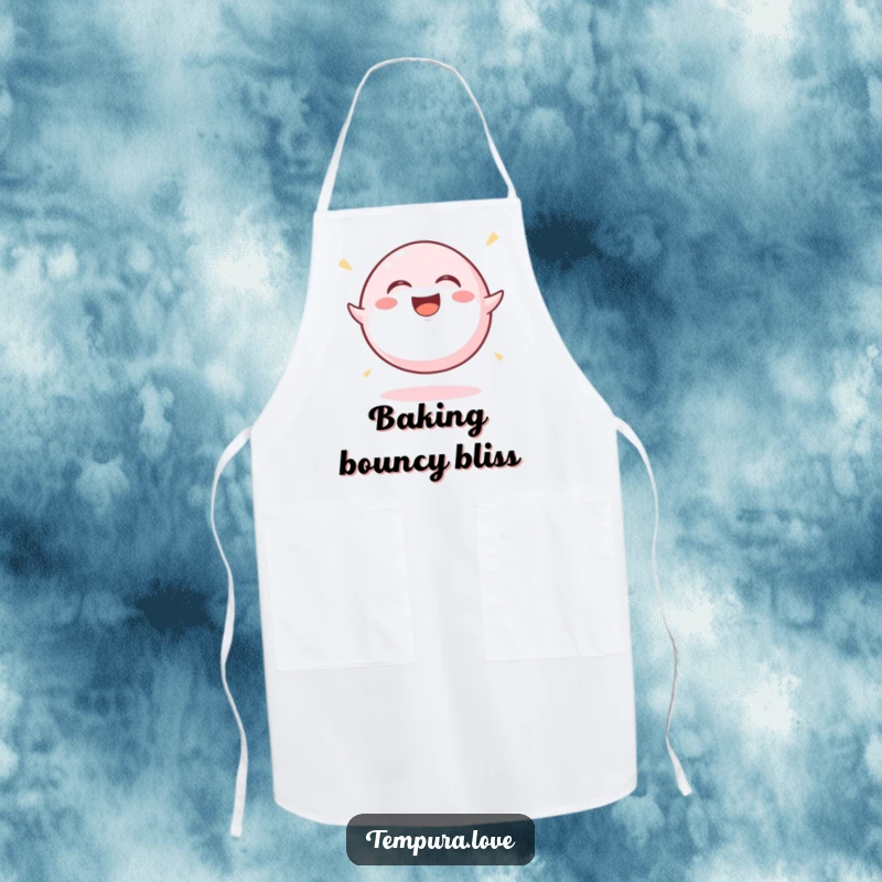 Funny Mochi Ball Apron showing a round mochi ball gleefully bouncing and laughing, ready for kitchen adventures with a humorous flair.