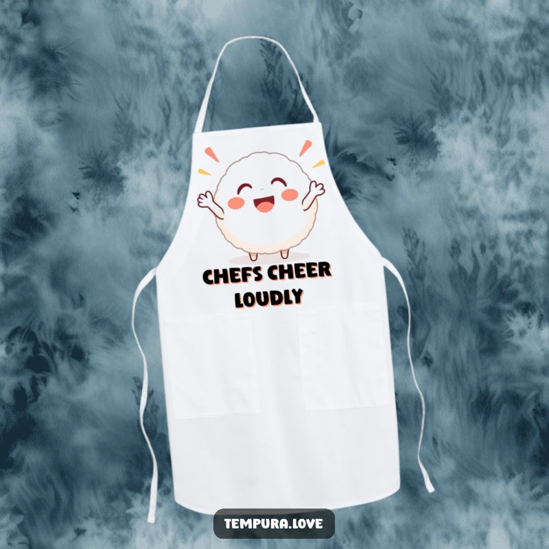 Funny rice ball apron with a round, smiling character cheering enthusiastically, perfect for adding a touch of fun to cooking and baking.
