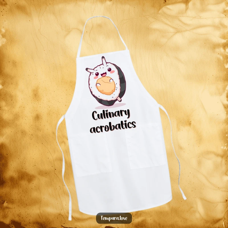 Funny Sushi Apron showing a delighted sushi piece in a dynamic somersault pose, ready for kitchen adventures with a humorous flair.