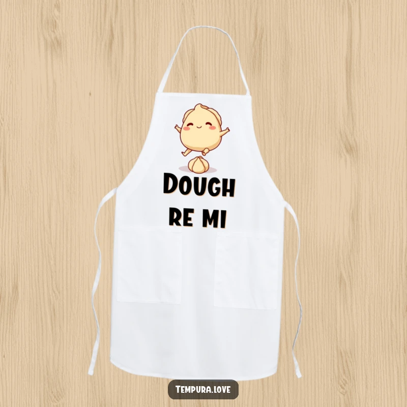 Funny apron with a playful gyoza character on tiny feet, kicking a small ball of dough, perfect for cooking.