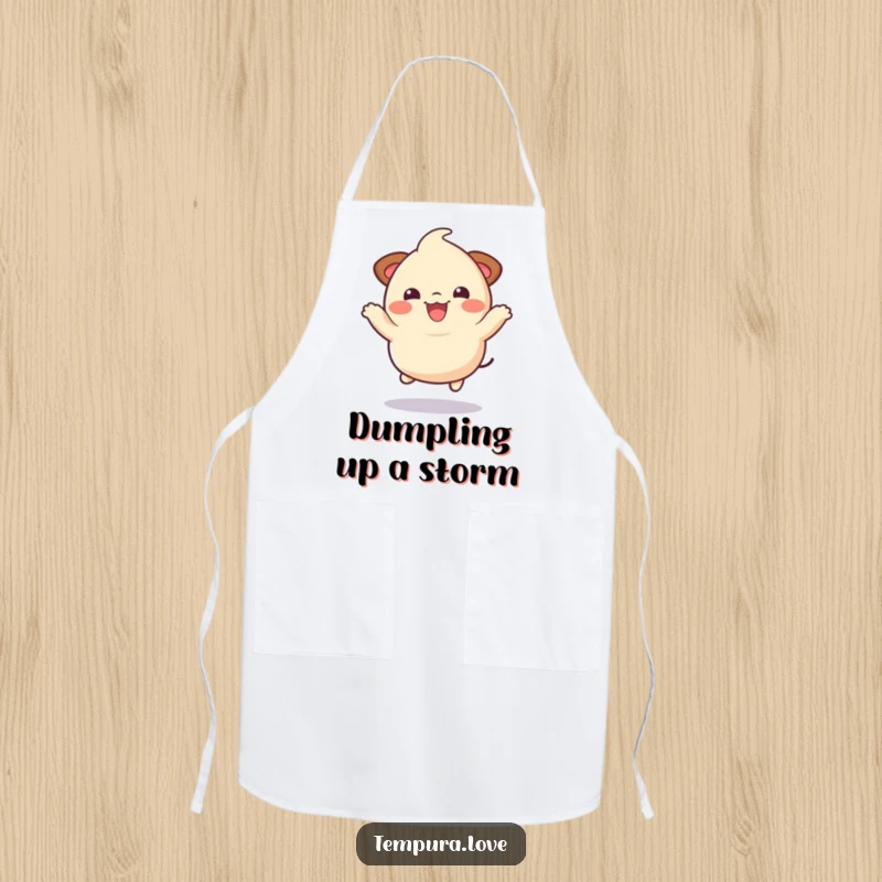 Funny dumpling character jumping joyfully while cooking, a humorous and practical kitchen apron.