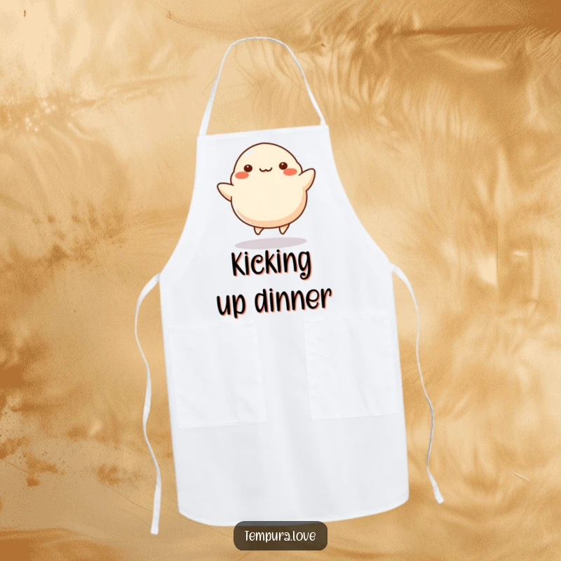 Funny Dumpling Apron showing a stylized dumpling joyfully kicking its legs, ready for kitchen adventures with a humorous flair.
