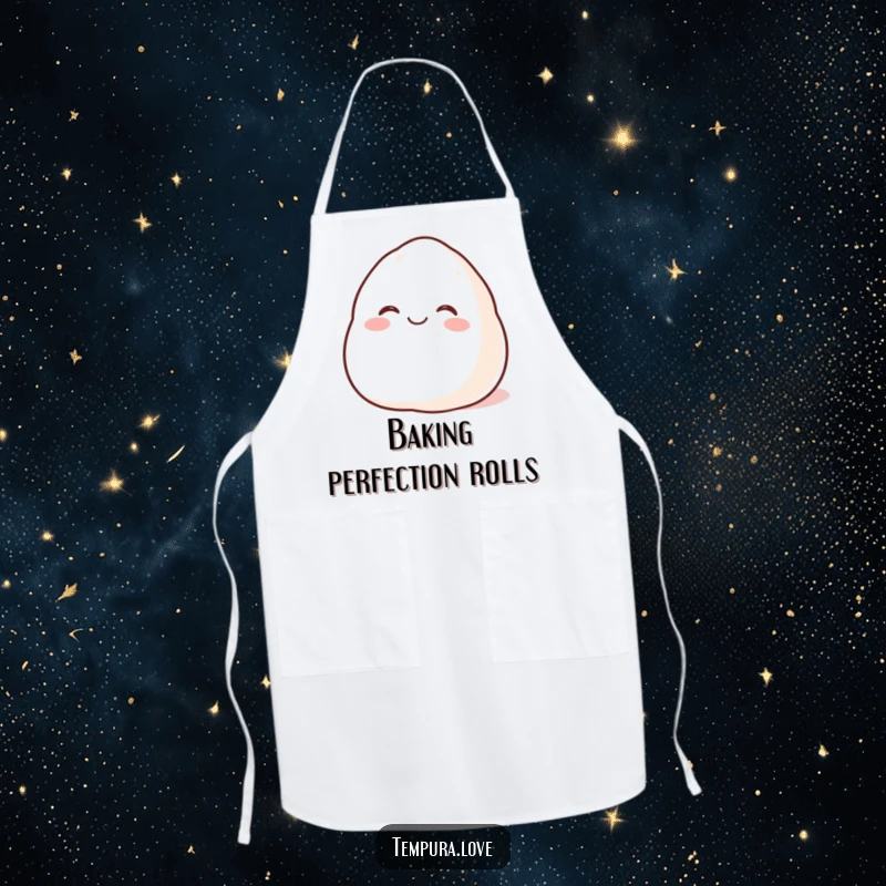 Funny Happy Mochi Apron showing a plump cartoon mochi rolling with glee, perfect for humorous and sweet baking sessions.