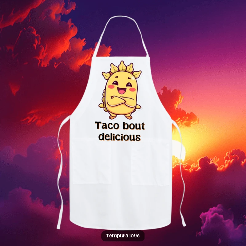 Funny apron with a grinning, anthropomorphic taco with arms crossed, looking mischievously ready to cook.