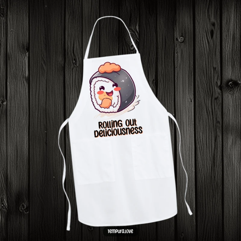 Funny sushi piece with a cheerful grin, rolling downhill while cooking, a humorous and practical kitchen apron.