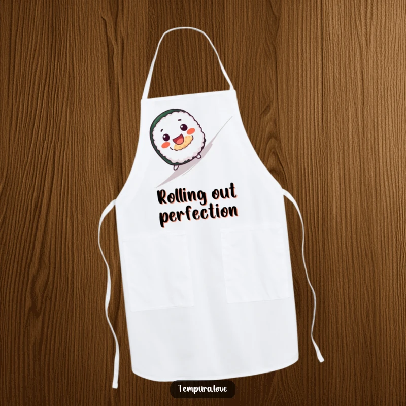 Funny apron with a cute sushi roll character with a wide grin joyfully rolling down a hill, ready for culinary adventure.