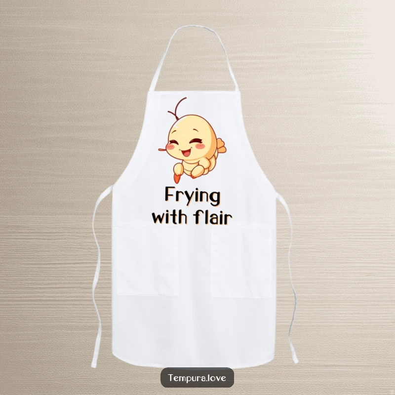 Funny Tempura Shrimp Apron showing a smiling shrimp giving a playful wink, ready for kitchen adventures with a humorous flair.
