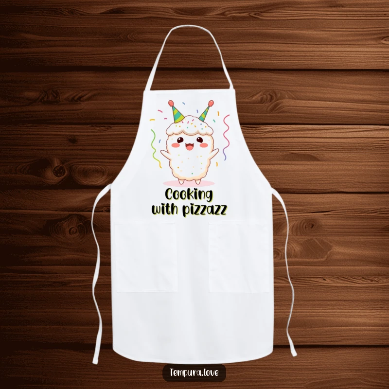 Funny tempura apron featuring a cheerful fried shrimp character adorned with tiny festive streamers, ready for kitchen fun and protection.