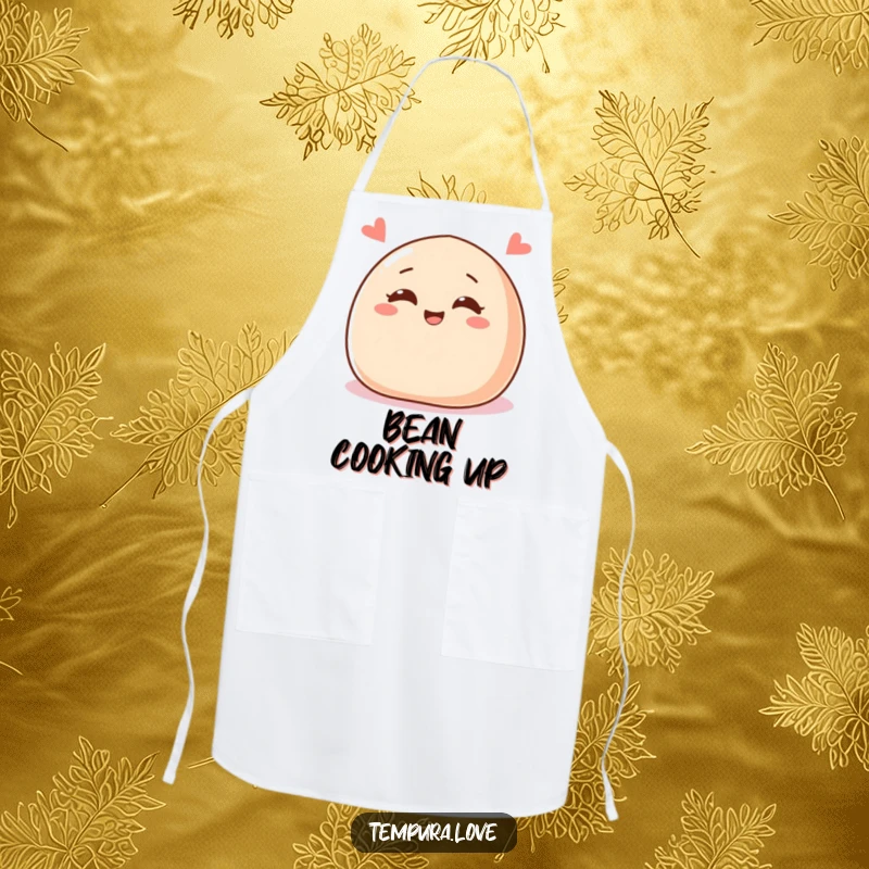 Funny apron with a delighted red bean paste bun character, cheerful eyes, winking, perfect for kitchen use.