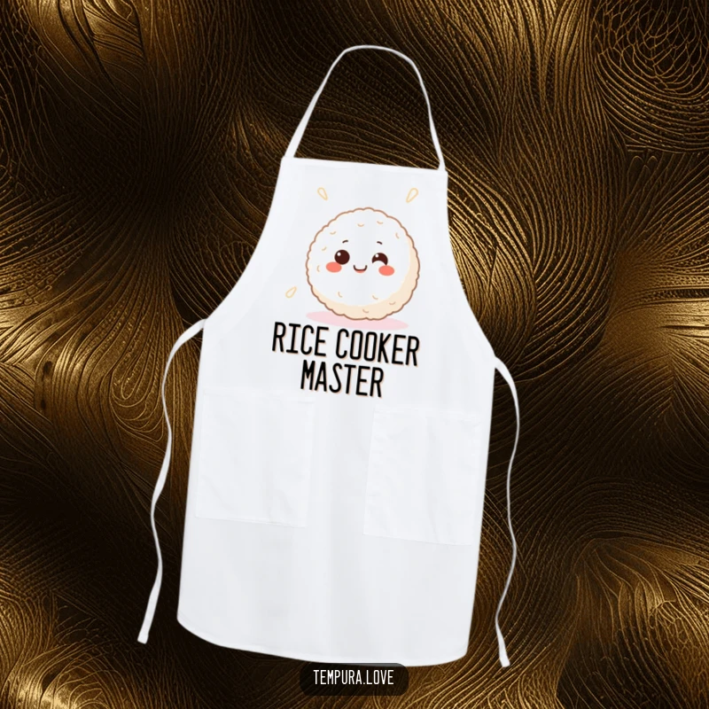 Funny apron with a smiling Japanese rice ball character, happy eyes, happily spinning, perfect for kitchen use.