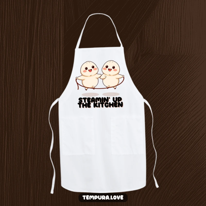Funny apron with cute, anthropomorphic dumplings with simple eyes and mouths happily skipping rope, ideal for the kitchen.