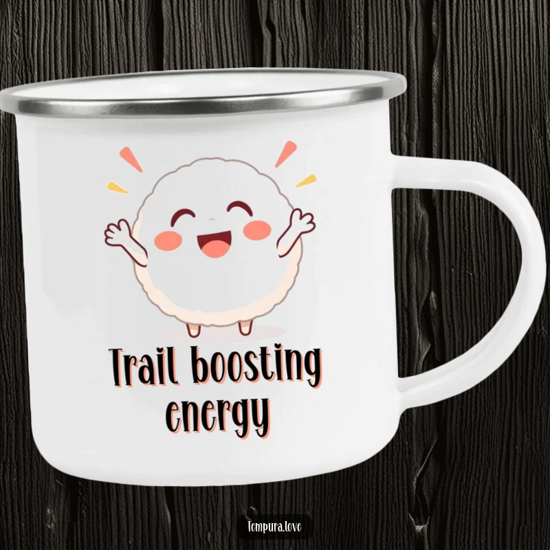 Funny rice ball camping mug with a smiling character cheering, perfect for enjoying hot beverages during outdoor excursions with a smile.