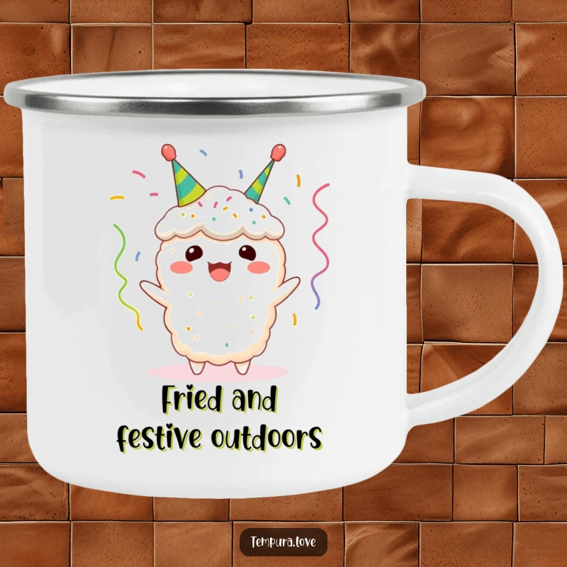 Funny tempura camping mug featuring a happy fried shrimp character with tiny celebratory streamers, perfect for outdoor adventures and hot beverages.