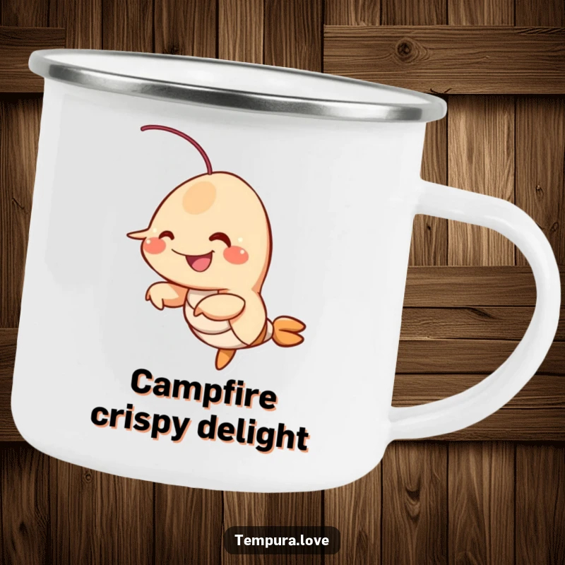 Funny fried shrimp character wiggling playfully, a durable and humorous camping mug for outdoor feasts.