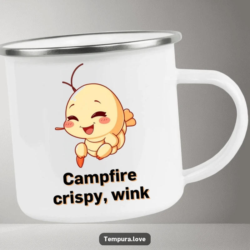 Funny Tempura Shrimp Camping Mug showing a smiling shrimp giving a playful wink, perfect for hot drinks during outdoor escapades.