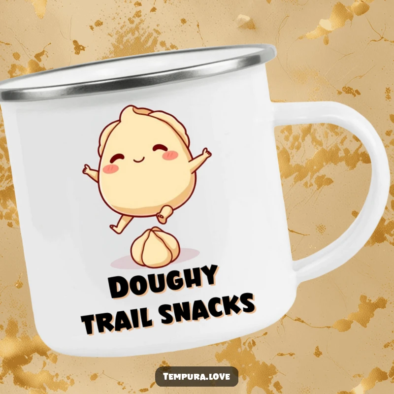 Funny camping mug with a playful gyoza character on tiny feet, kicking a small ball of dough, for outdoor use.