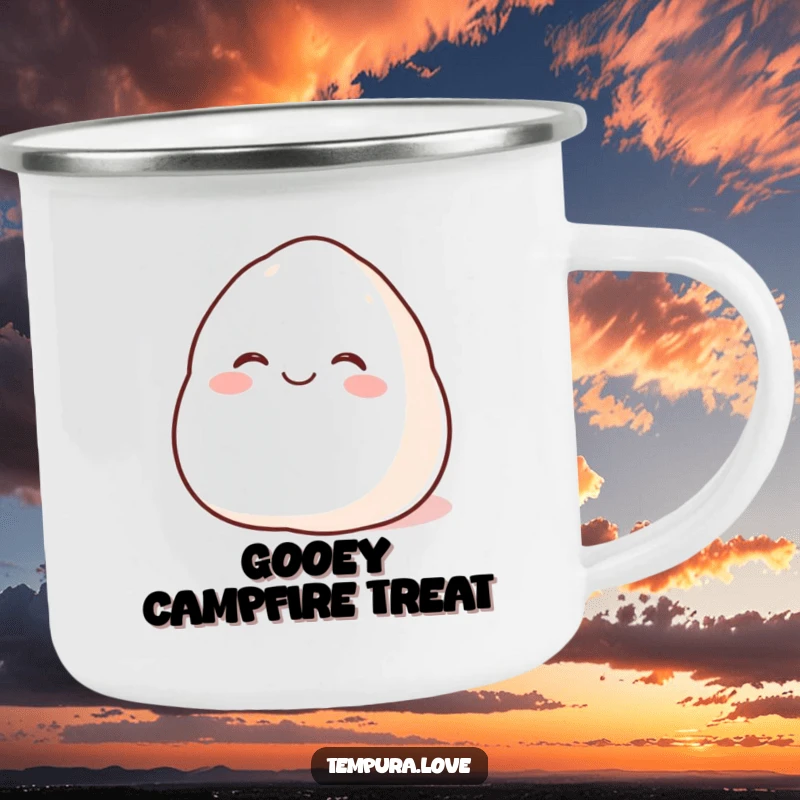 Funny Happy Mochi Camping Mug with a beaming cartoon mochi rolling with glee, ideal for humorous outdoor enjoyment.