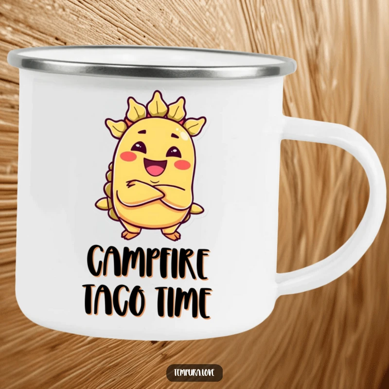 Funny camping mug displaying a grinning, anthropomorphic taco with arms crossed, looking mischievous outdoors.