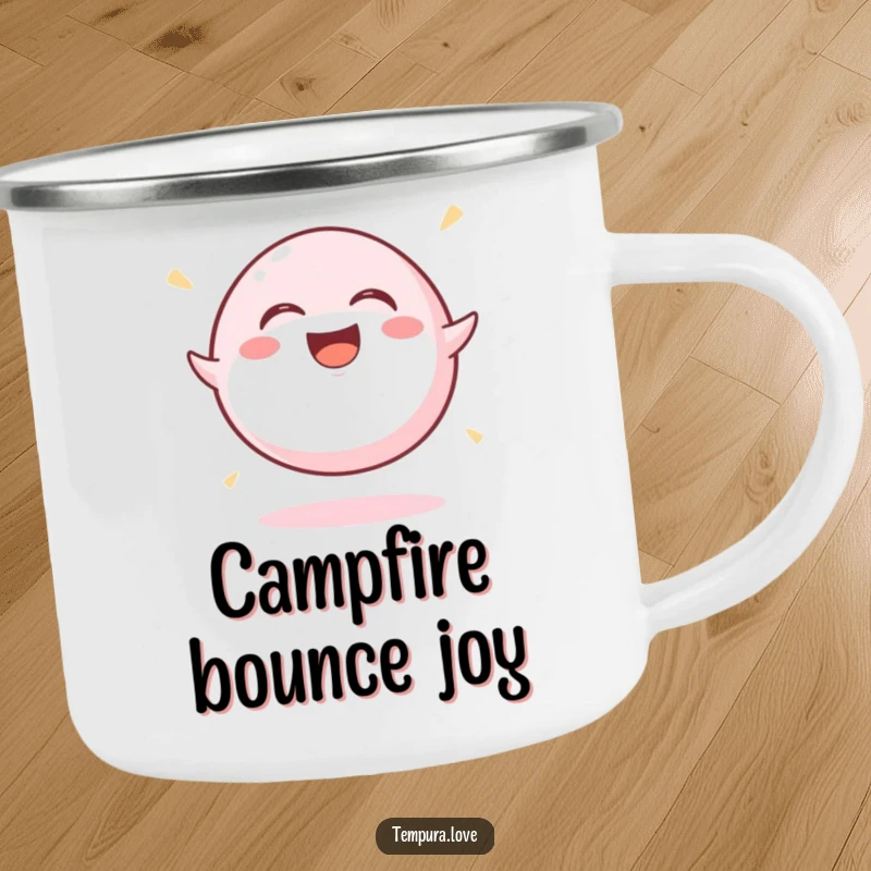 Funny Mochi Ball Camping Mug showing a cheerful mochi ball bouncing with laughter, perfect for hot drinks during outdoor escapades.