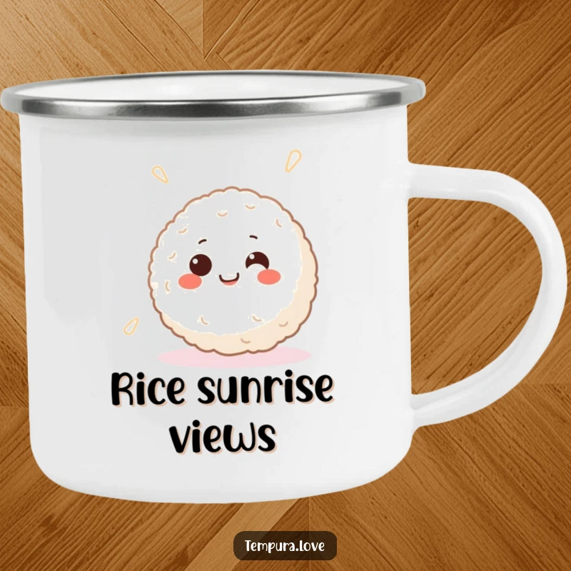 Funny camping mug with a smiling Japanese rice ball character, happy eyes, happily spinning, for outdoor use.