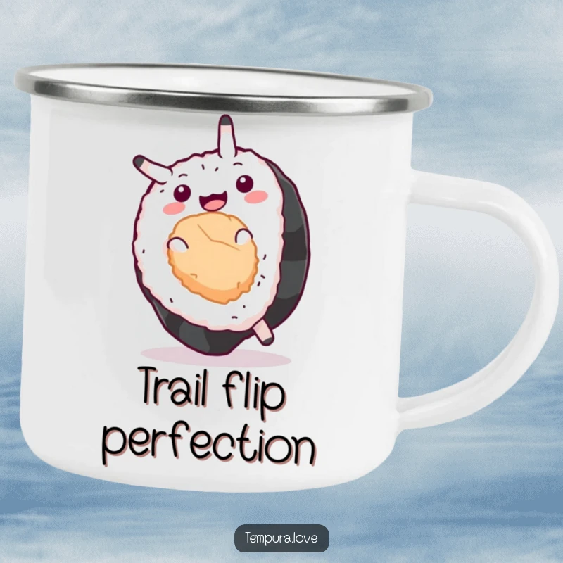 Funny Sushi Camping Mug showing a happy sushi piece mid-somersault, perfect for hot drinks during outdoor escapades.