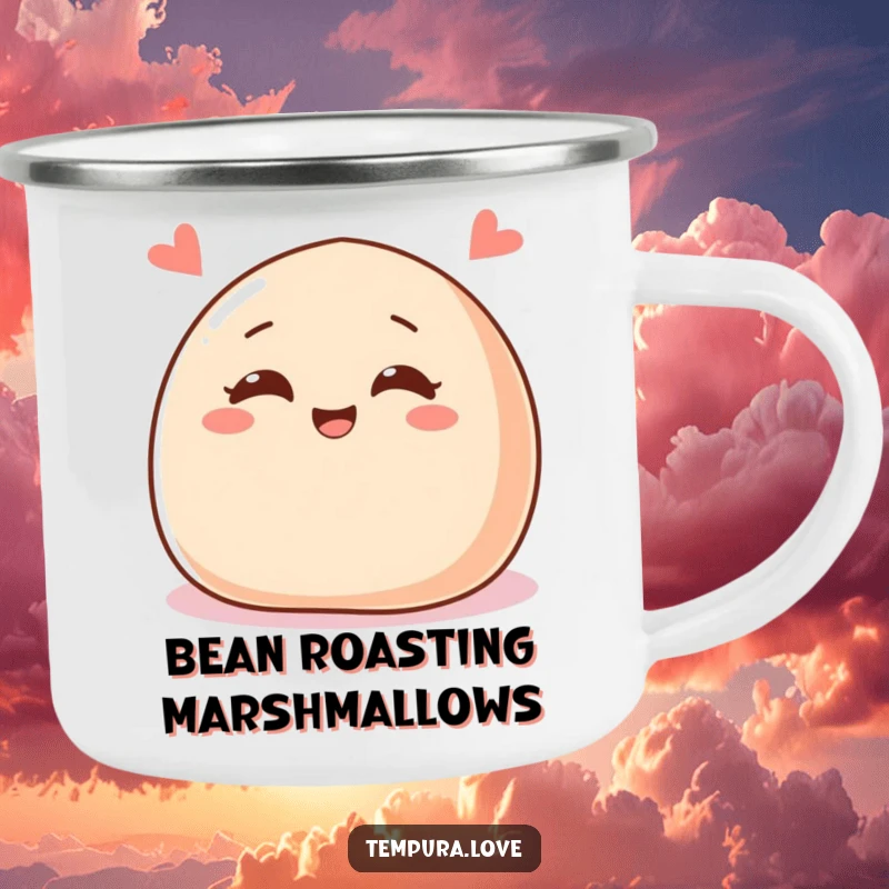 Funny camping mug with a delighted red bean paste bun character, cheerful eyes, winking, for outdoor use.