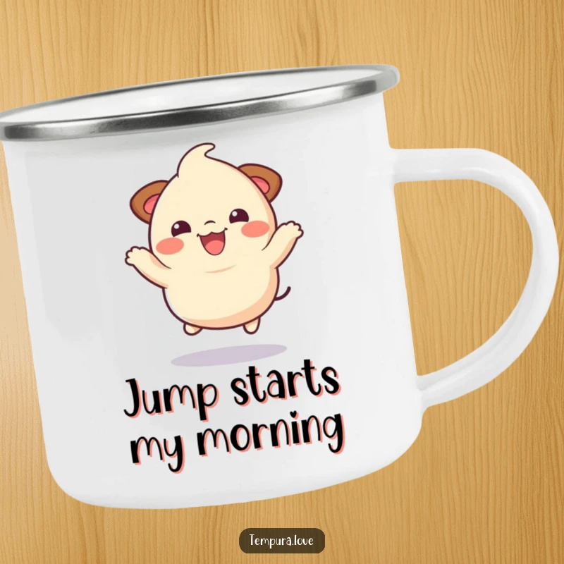 Funny dumpling character jumping playfully, a durable and humorous camping mug for outdoor feasts.