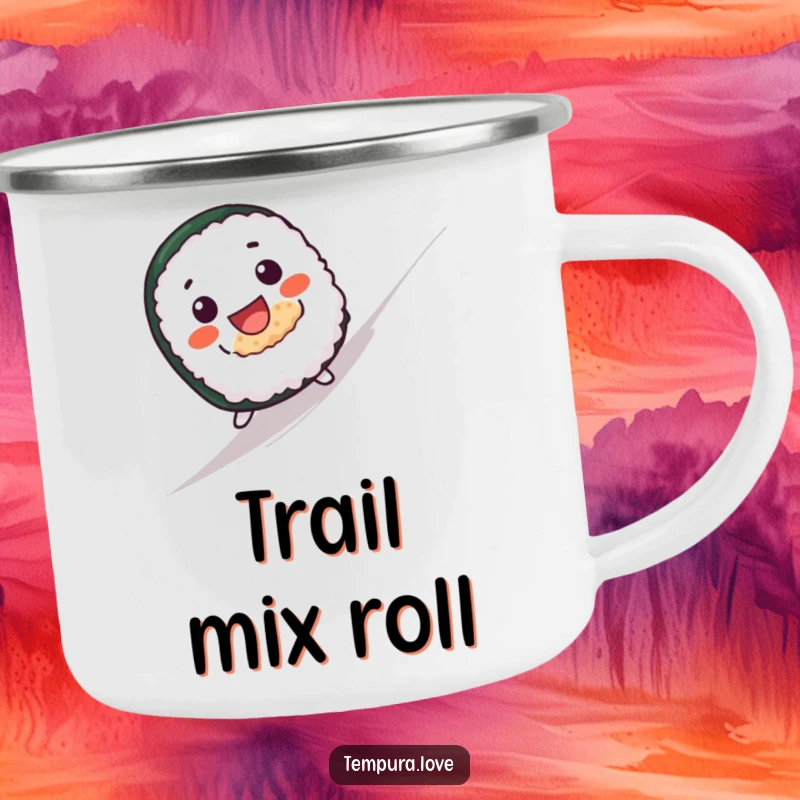 Funny camping mug displaying a cute sushi roll with a wide grin joyfully rolling down a hill in a forest setting.
