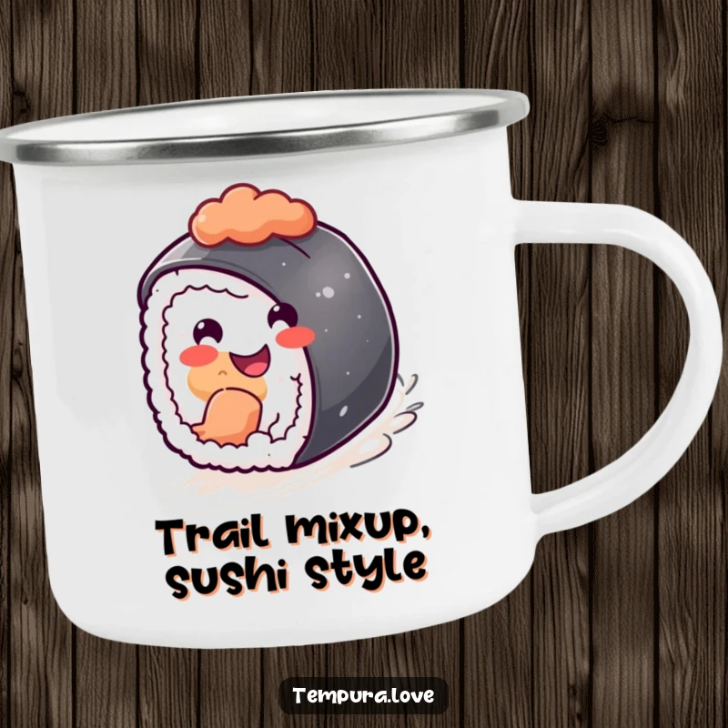 Funny sushi piece rolling downhill with a cheerful grin, a durable and humorous camping mug for outdoor feasts.
