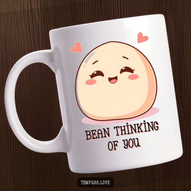 Funny mug showcasing a delighted sweet red bean paste bun character with cheerful eyes, playfully winking.
