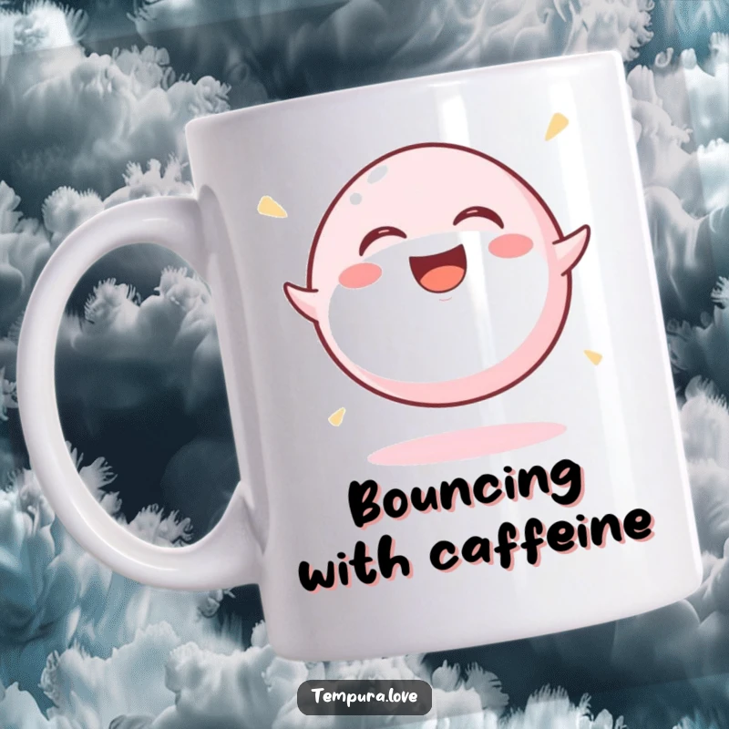 Funny Mochi Ball Mug showcasing a gleeful mochi ball bouncing with unrestrained laughter, radiating pure dessert delight.