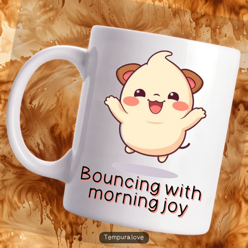 Funny bouncy dumpling character joyfully leaping in the air with a happy expression, a humorous mug illustration.