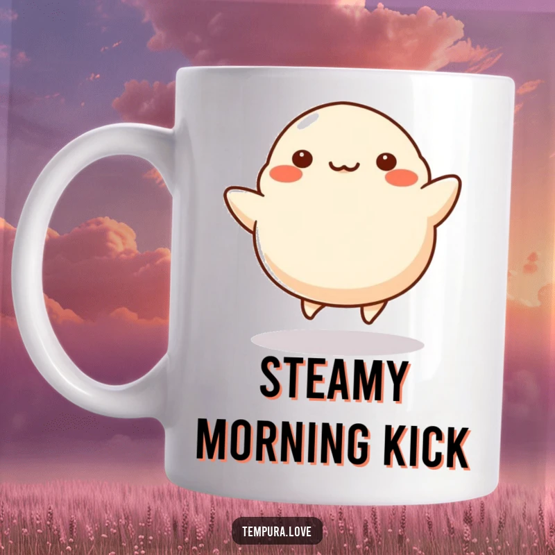 Funny Dumpling Mug showcasing a joyful dumpling with tiny legs kicking enthusiastically, radiating pure food-based merriment.
