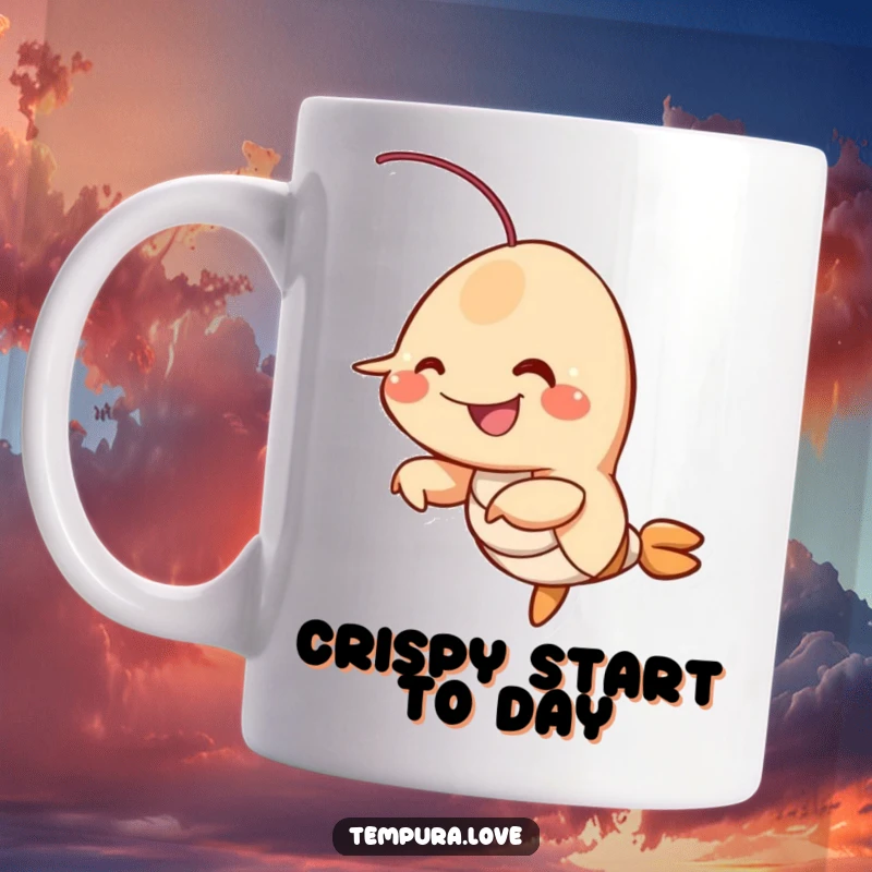 Funny fried shrimp character with a big smile, wiggling its appendages playfully, a humorous mug design.