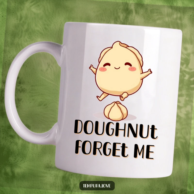 Funny mug with a playful gyoza character sporting tiny feet, enthusiastically kicking a small ball of dough, a foodie delight.