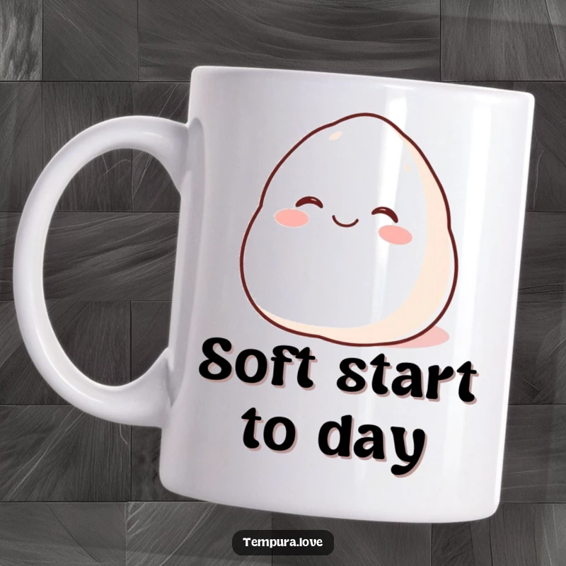 Funny Happy Mochi Mug featuring a plump, beaming cartoon mochi rolling with glee, perfect for a sweet and humorous start.