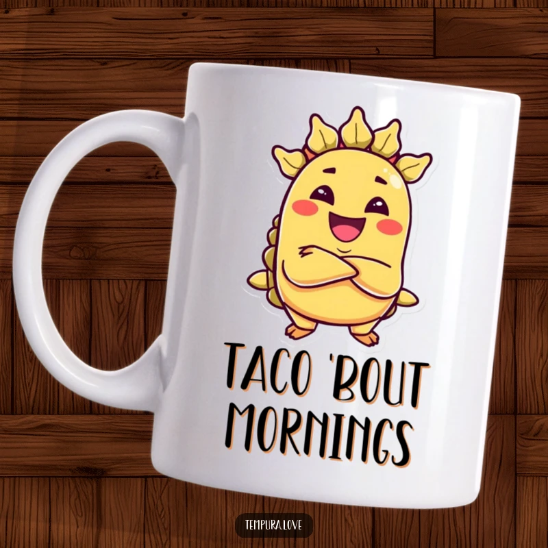 Funny mug showcasing a grinning, anthropomorphic taco with arms crossed, looking sly and mischievous.