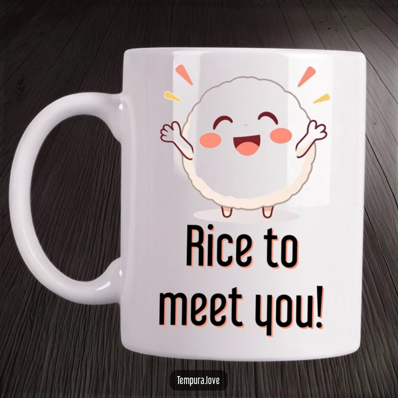 Funny rice ball mug featuring a round, smiling character cheering with gusto, radiating positivity and delicious energy.