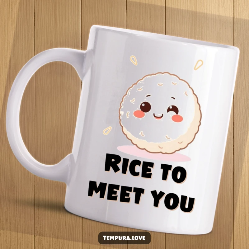 Funny mug showcasing a smiling Japanese rice ball character with cheerful eyes, happily spinning with pure joy.