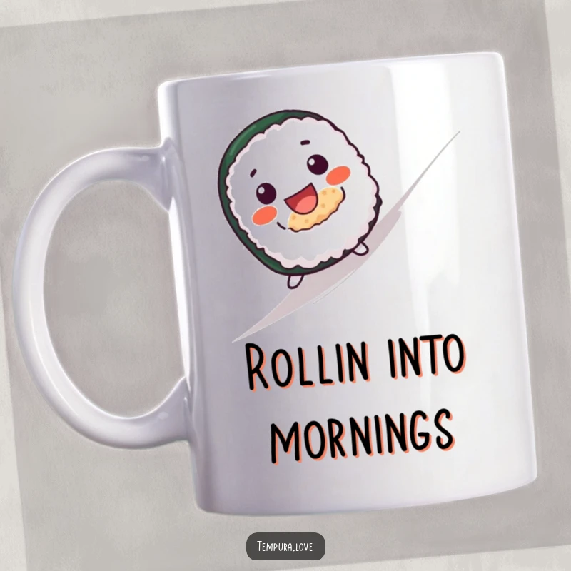 Funny mug with a cute sushi roll character with a wide grin joyfully rolling down a hill with excitement.