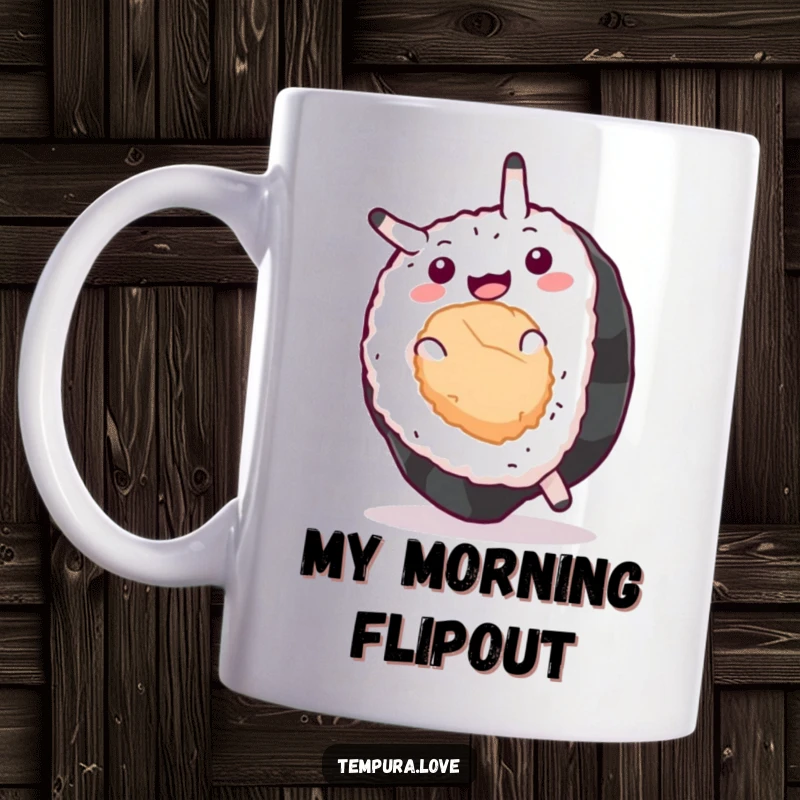 Funny Sushi Mug depicting an ecstatic sushi piece performing a joyful somersault, capturing pure food-based exhilaration and playful energy.