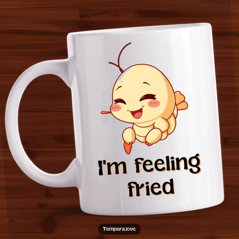 Funny Tempura Shrimp Mug showcasing a cheerful shrimp winking with a mischievous sparkle, radiating playful seafood fun.