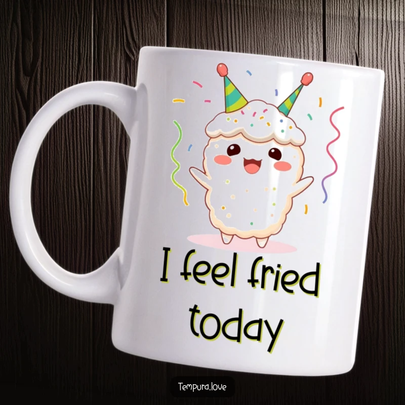 Funny tempura mug with a cheerful fried shrimp wearing colorful celebratory streamers, joyfully celebrating its own deliciousness.