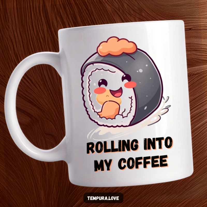Funny happy sushi piece cheerfully rolling downhill with a wide grin, a humorous mug illustration.