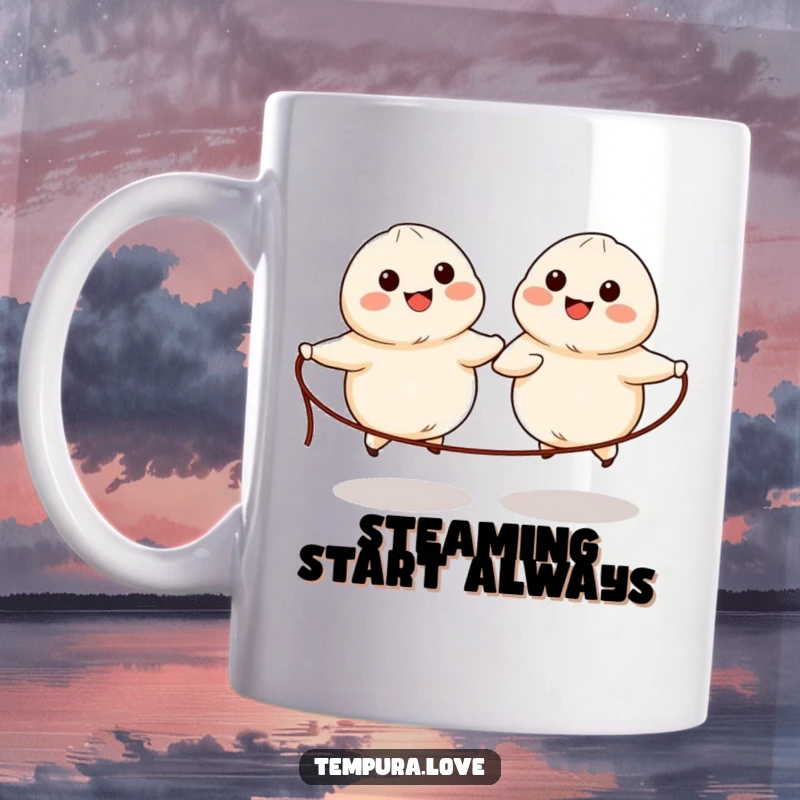Funny mug with two cute, anthropomorphic dumplings with simple eyes and mouths happily skipping rope together.