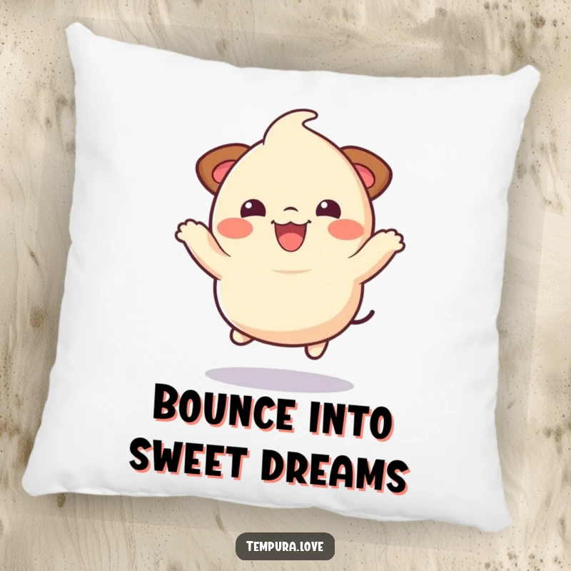 Funny dumpling character jumping with a joyful expression, a soft and humorous decorative pillow.