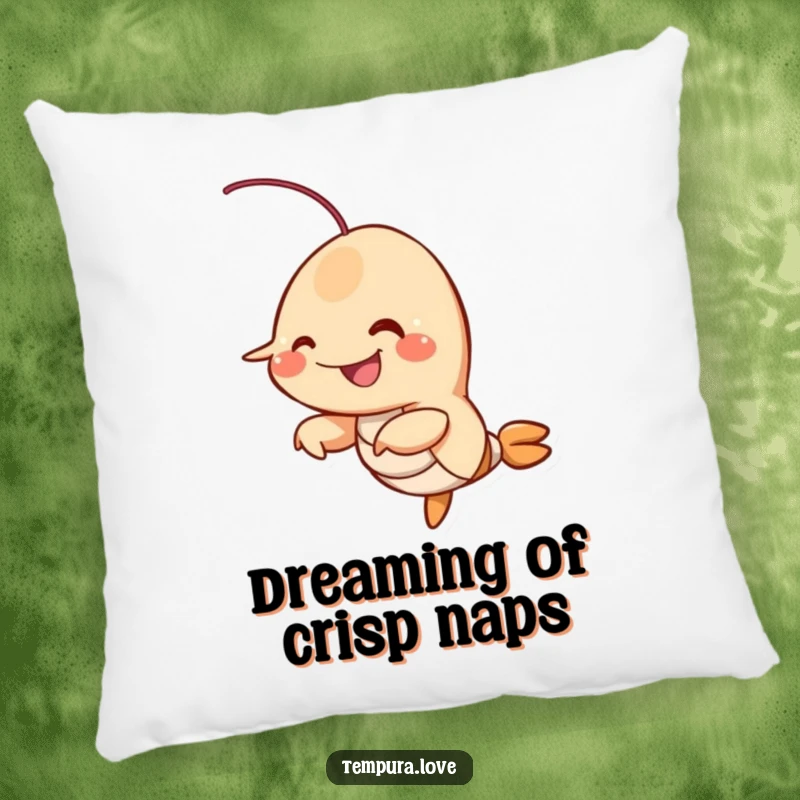 Funny fried shrimp character with its appendages in motion, a soft and humorous decorative pillow.