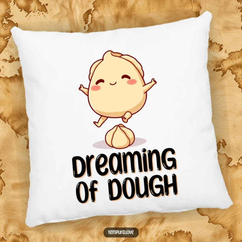 Funny pillow with a playful gyoza character on tiny feet, kicking a small ball of dough, soft and decorative.