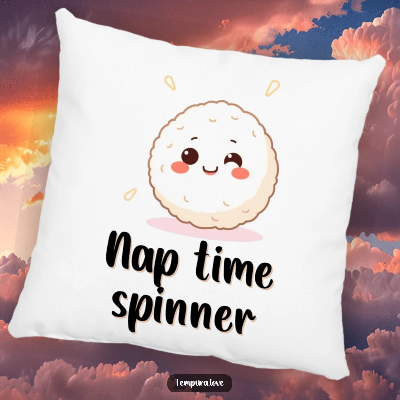 Funny pillow featuring a smiling Japanese rice ball with happy eyes, happily spinning, soft and decorative.