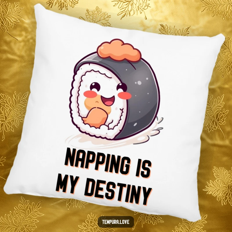 Funny sushi piece rolling downhill with a cheerful expression, a soft and humorous decorative pillow.